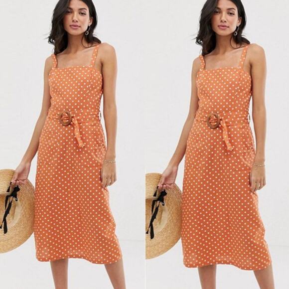 ASOS Orange & White Polka Dot Belted Midi Cotton Sheath Dress - Picture 1 of 10